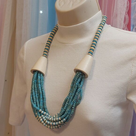 Vintage Exotic Boho Tribal Blue White Wiod Beads Statement Necklace - Picture 3 of 7